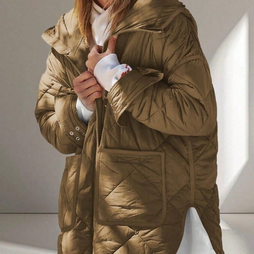 Brown Casual Women's Warm Lightweight Quilted Hooded Puffer Jacket with Pockets
